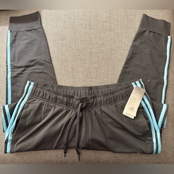 ADIDAS TRACK JOGGERS GREY WITH TURQUOISE TRIPLE STRIPE - Picture 3 of 15